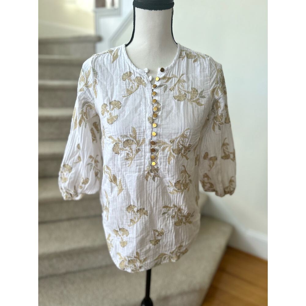 Floreat Anthropologie White & Gold Embroidered Asian Floral Tunic